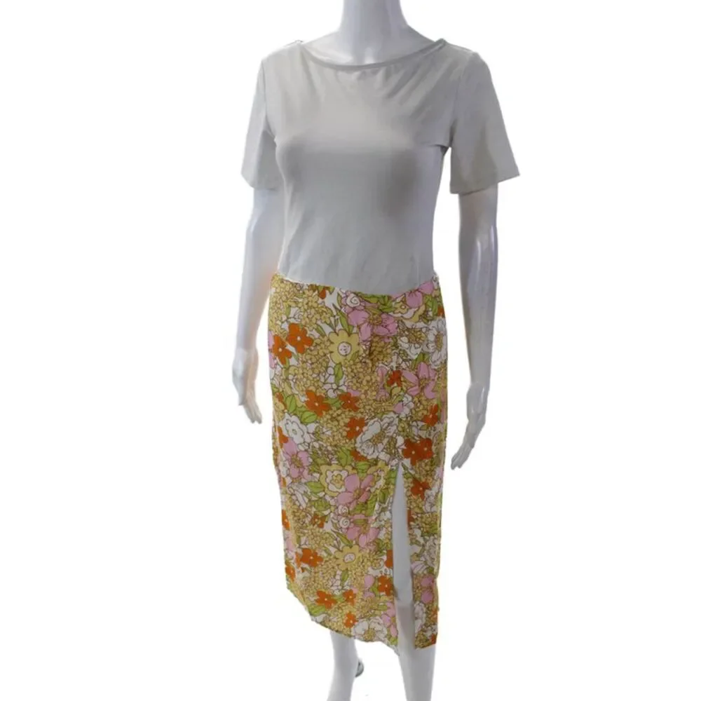 Rahi Womesn Floral Print Ruched Mid-Rise Zip Up Skirt Multicolor Size S